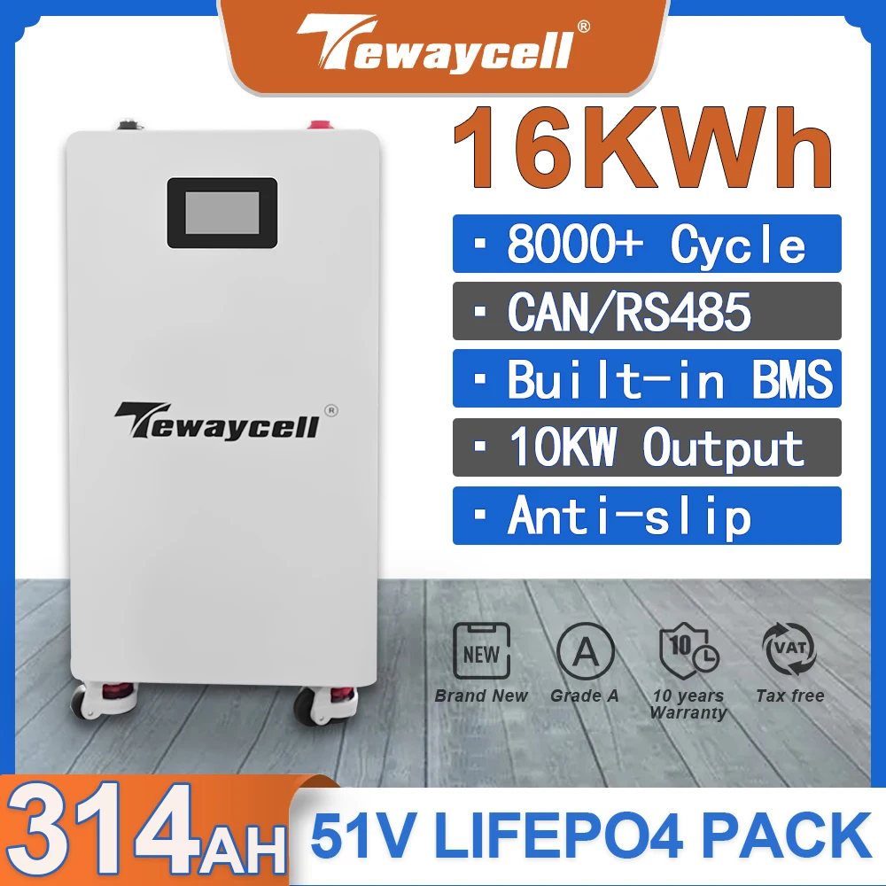 Tewaycell 16KWH LiFePO4 Battery Pack Powerwall 51V 314AH Buitl-in 200A BMS CAN RS485 Monitor Solar Energy System ESS EU Tax Free