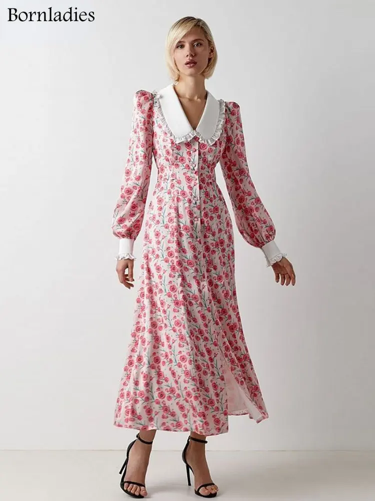 Bornladies-vestidos de oficina con estampado de moda para mujer, vestido Midi de manga larga con cuello de muñeca elegante, vestido femenino informal de una sola botonadura