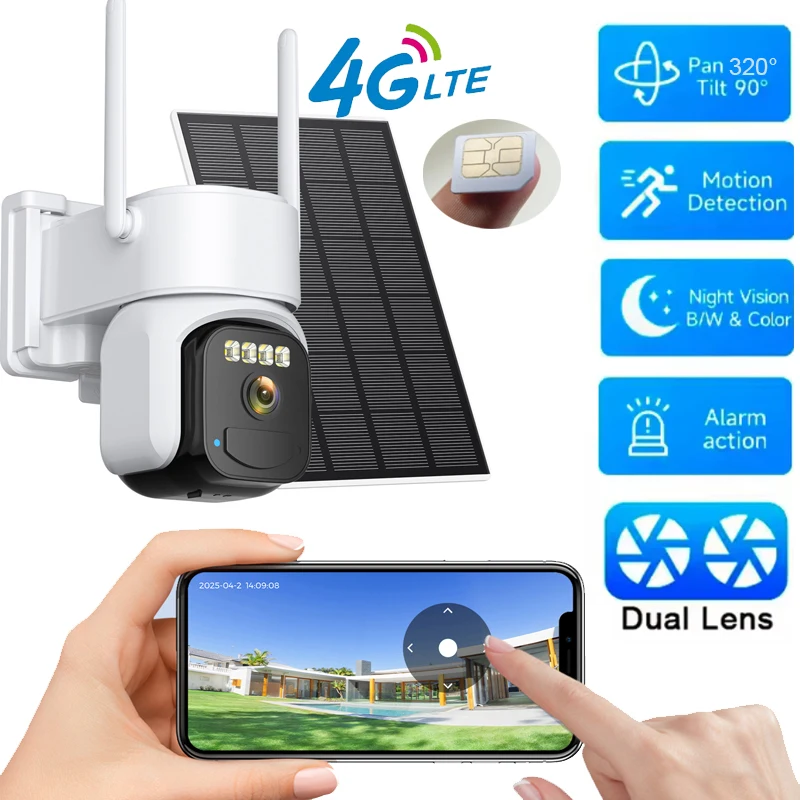 4G LTE Cellular Solar Wireless Outdoor Camera, 2-Channel Audio, 320° Viewing Angle, HD Color Night Vision Outdoor Camera