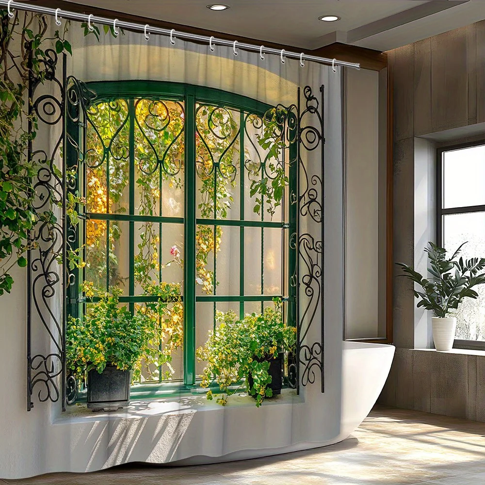 Green Garden Arch Shower Curtain Lush botanical design for all seasons, contains 12 hooks, bathroom decorative shower curtain