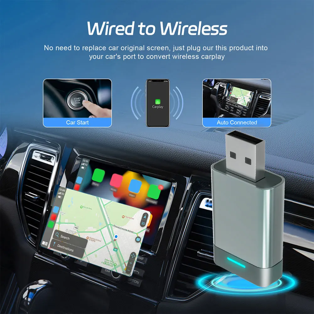 Ulepszony adapter CarPlay z aluminium, bezprzewodowy konwerter CarPlay Android Auto 2w1, zastępuje kabel do transmisji danych przez adapter CarPlay.