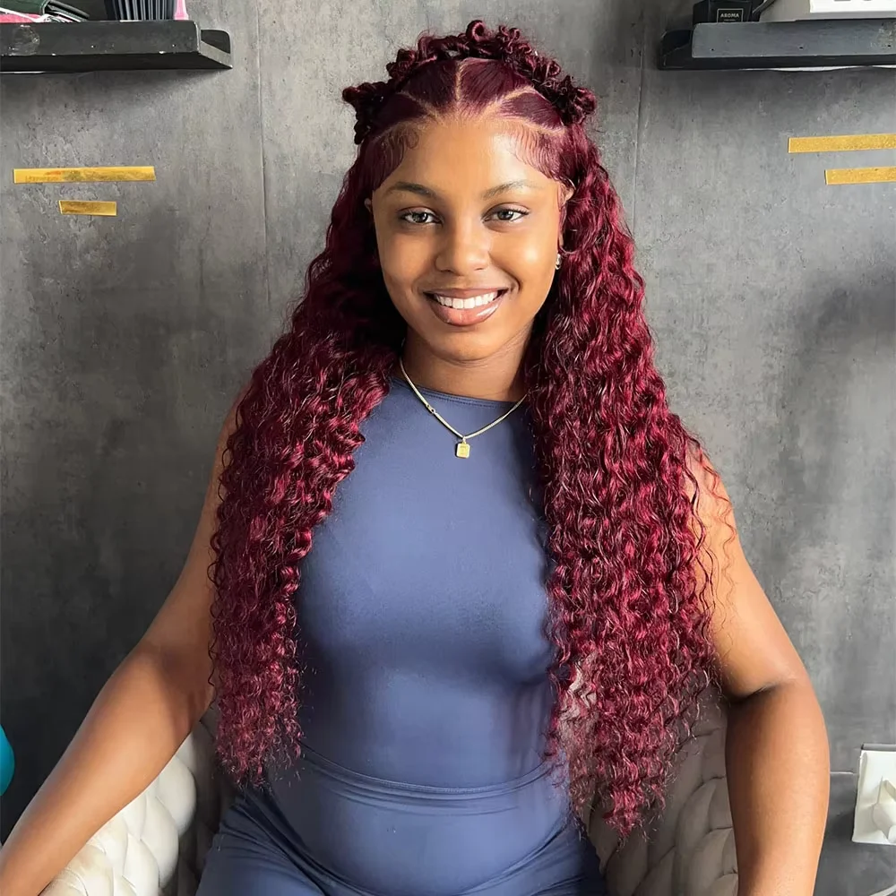 Perruque en cheveux humains bouclés bordeaux 30-40 pouces, frontale en dentelle HD 13x6, densité 200, pré-épilée, style brésilien Deep Wave, pour femmes, perruque frontale en dentelle 13x4, ondulations profondes, couleur rouge bordeaux 99J