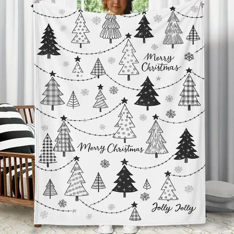 Christmas tree, snowflake, and star patterned blanket, polyester fabric, machine washable, suitable for bedroom and living room.