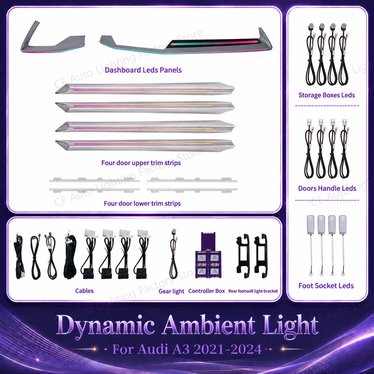 CF Dynamic Ambient Light For Audi A3L 2021-2024 LED Dashboard Air Vent Decorative Interior Lighting 30 Colors