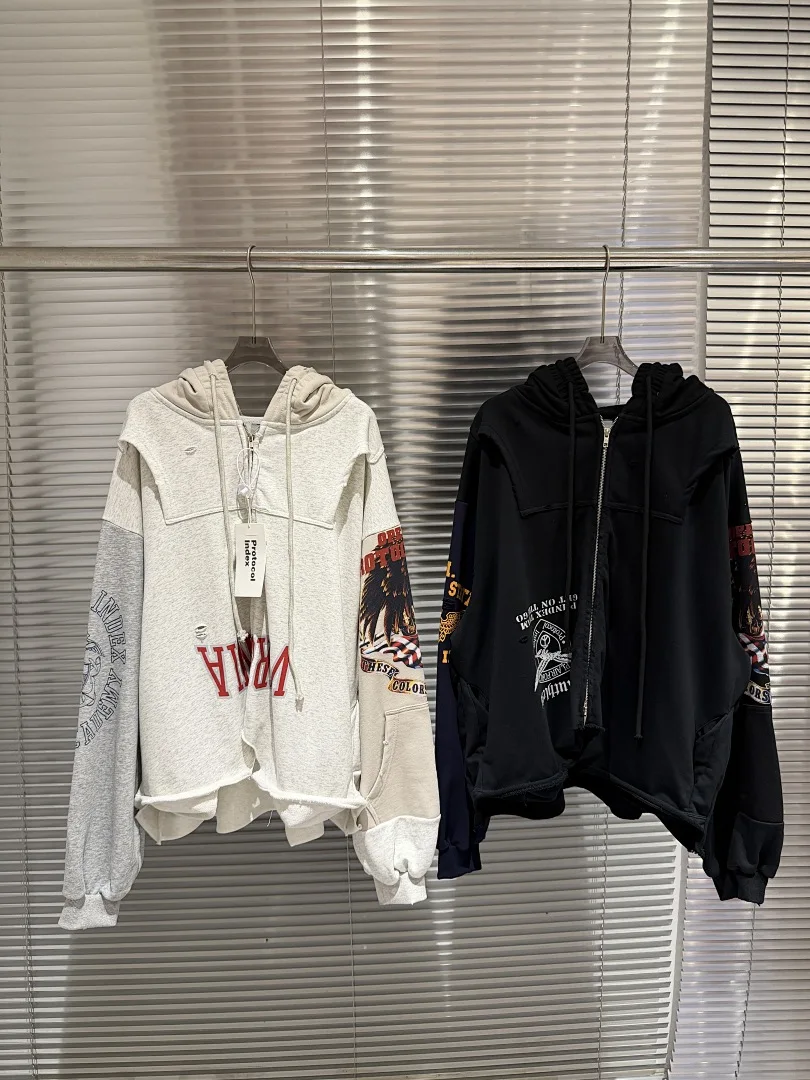 Fashion Brand 25FW Reversed Patchwork Zip Up Hoodie Vintage Distressed Destroyed Oversized Streetwear Hoodie Men Women