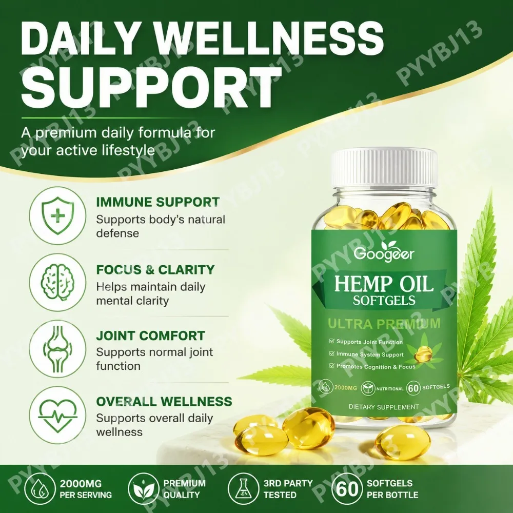 GOOGEER Hemp Seed Oil Softgels Omega 3 6 9 Fatty Acids Vitamins Zinc Selenium Daily Wellness Nutritional Supplement 60 Softgels