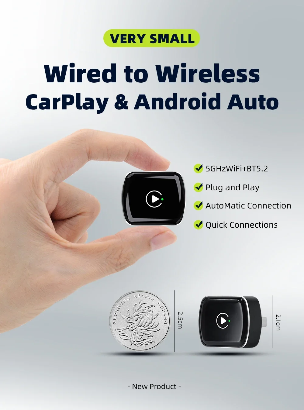 2025 ใหม่ Wireless CarPlay Android Auto Adapter,ชิปอัพเกรด,ขนาดกะทัดรัดพิเศษ,Latency ต่ํา,สําหรับรถยนต์แบบมีสาย CarPlay
