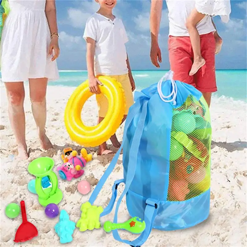 Foldable Beach Toy Bag Beach Storage Pouch Tote Mesh Bag Travel Toy Organizer Sundries Net Drawstring Storage Backpack