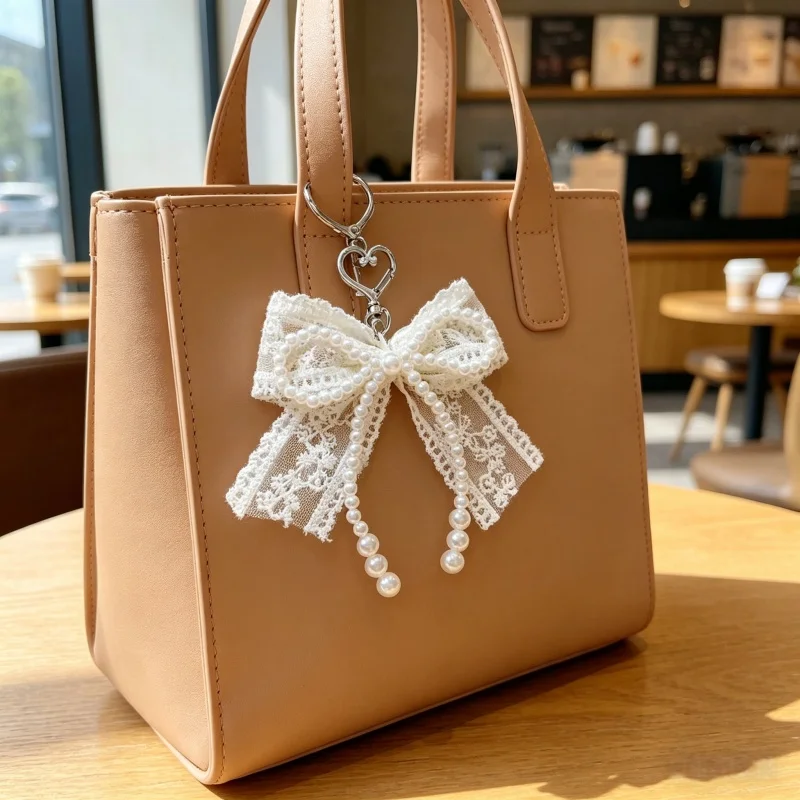 Sweet Handmade White Beaded Bowknot Lace Bag Charm Imitation Pearl Heart Pendant Keyring Exquisite Backpack Luggage Decorations