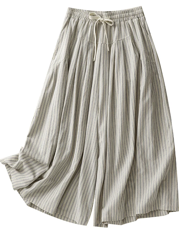 

Cotton Linen Striped Wide Leg Skirt Pants Women's Loose Lazy Sle High Waist Slimming Versatile A-Line Seven-Foot Skirt