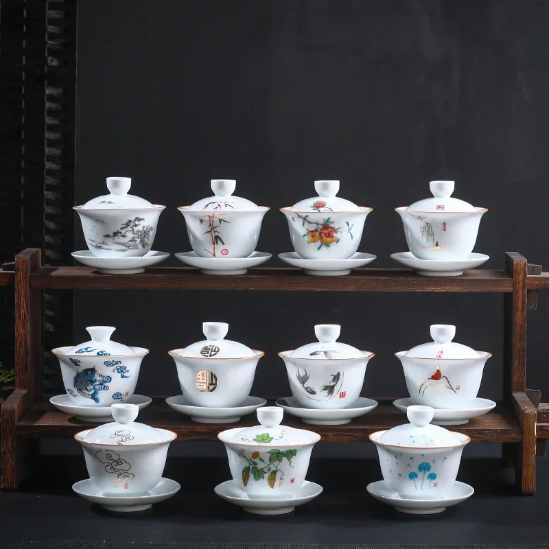 

White Ceramic Tea Bowl, Puer Tea Cups with Saucer and Lid Set, Chinese Teaware, Sancai Gaiwan, Chinese Porcelain Chawan Tureen