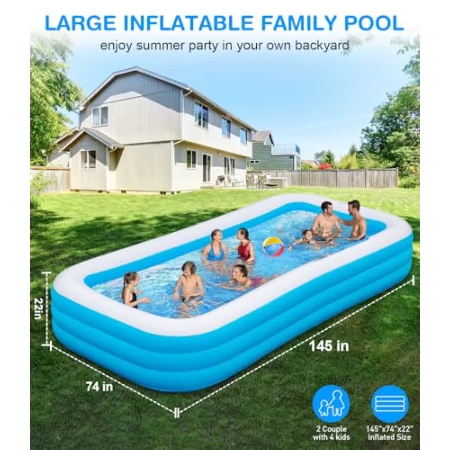 Large Inflatable Swimming Pool for backyard use PVC material pale blue color oversized 145 x 74 x 22 dimensions with thickened