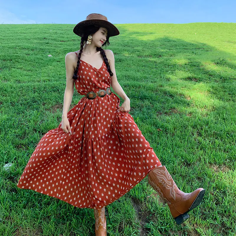 

Shpmishal Korean Fashion Retro Vacation Long Dress 2023 Summer New A-line Bohemian Open Back Strap Dress Female Clothing