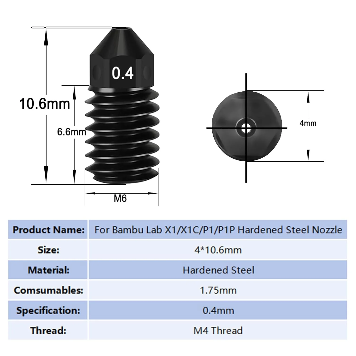 فوهات قابلة للفصل لملحقات الطابعة Bambu Lab X1/ X1C/ P1P/P1S 0.2 /0.4 /0.6/ 0.8 مم لملحقات الطابعة ثلاثية الأبعاد Bambu P1