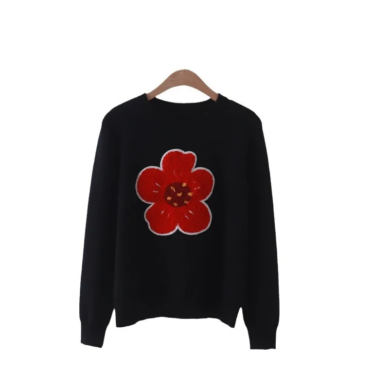 Autumn and Winter New Fresh Sweet Chest Red Small Flower Embroidered Crew Neck Pullover Sweater All-Matching Bottoming Sweater