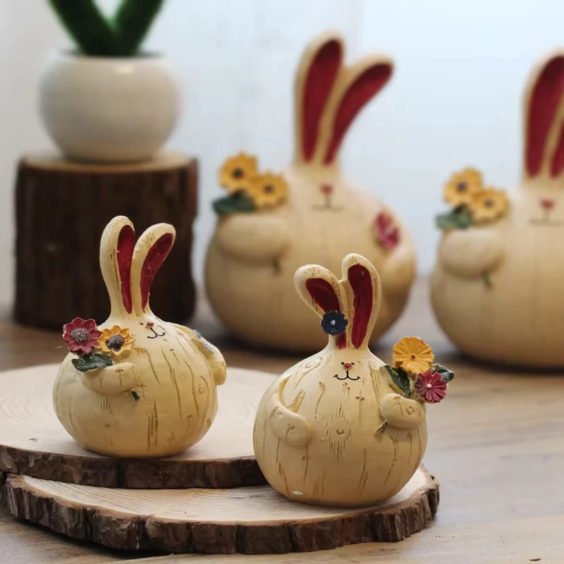 Retro Imitation Wood Grain Rabbit Mini Figurine, Floral Resin Bunny Ornament, Bonsai Succulent Pot Desk Office Healing Decor