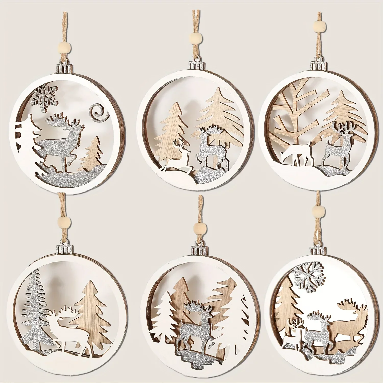 Christmas Day Wooden Ornaments for Winter, 3D Flash Reindeer Round Wooden Christmas Tree Hanging Decoration Gift Label