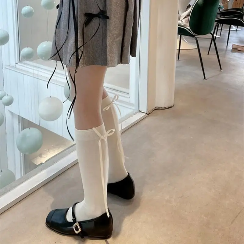 270D Japanese Women Girls Elegant Ribbon Bowknot Long Tube Socks Elegant Breathable Cotton Students Knee Length Stockings