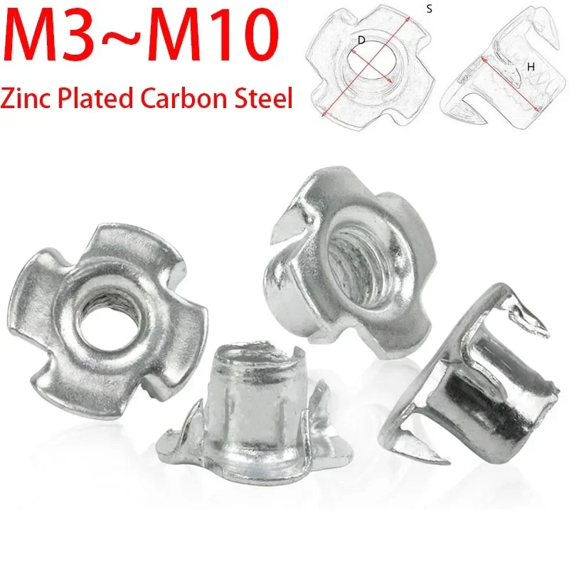 20pcs 4-Pronged Tee Nut M3 M4 M5 M6 M8 M10Zinc Plated Four ClawsNut Speaker T-nut Blind Pronged Insert TeeNut Furniture Hardware