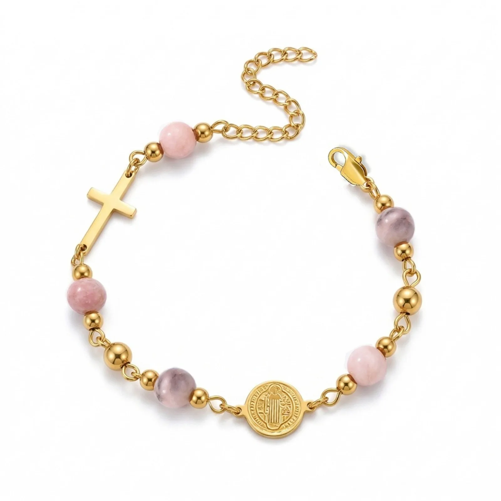 1 Stück religiöses mehrfarbiges Steinperlenarmband mit Kreuz-Jesus-Anhängern, 304 Edelstahl, 18K vergoldet, Geschenk für Frauen, Großhandel – Detail 1