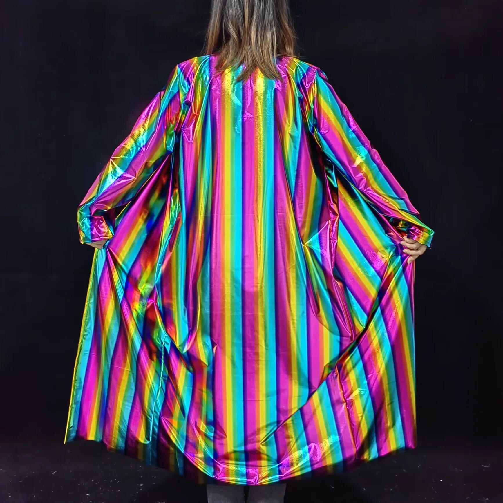 

Women's Fashion Colorful Laser Stripe Cloak Long Coat Halloween Party Nightclub Festival Clown Role-Playing Costume