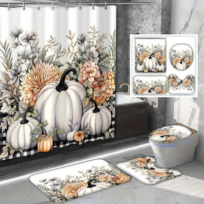 1/4pcs white pumpkin chrysanthemum pile Fall graphic shower , polyester waterproof curtain with 12 hooks, autumn h