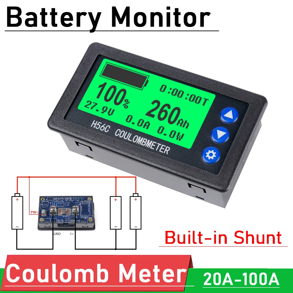 Battery Monitor Coulomb Meter 20A 50A 100A Lifepo4 lead-acid Li-ion lithium capacity power display 12V 24V 36V 48V 60V BMS shunt