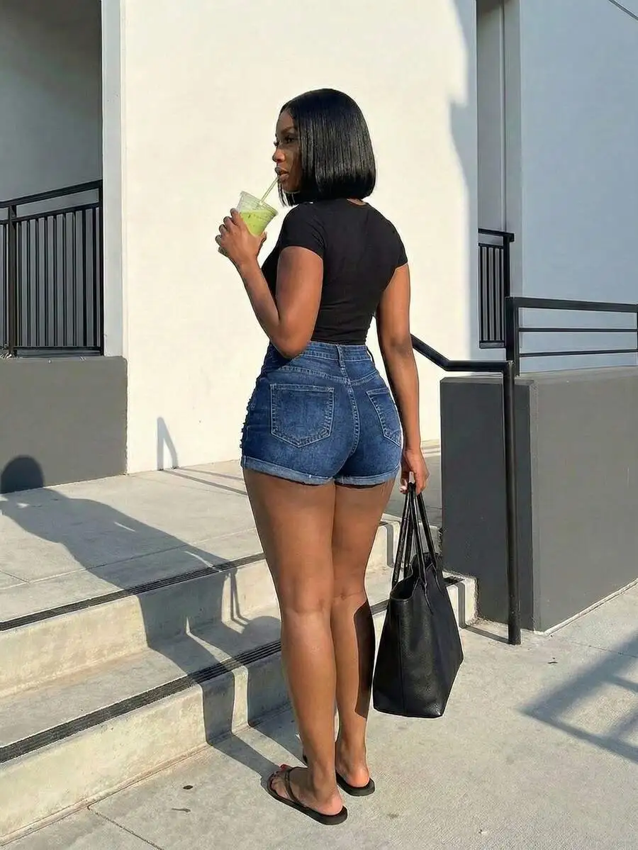 

Womens High Waisted Distressed Denim Shorts With Cuffed Hem Stretchy Bodycon Jean Shorts