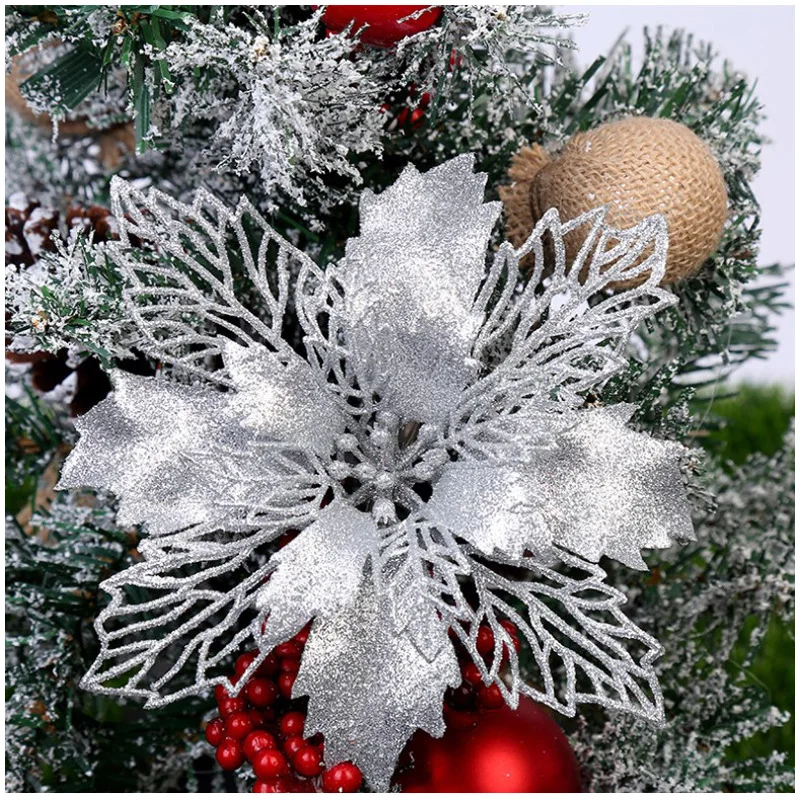 9cm Glitter Artifical Christmas Flowers Christmas Tree Wreath Decorations Fake Flowers Xmas Garland Ornaments New Year 2025