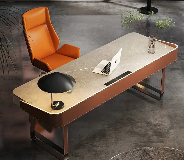 Rock desktop office desk, Italian modern minimalist study, light luxury style, saddle leather computer desk