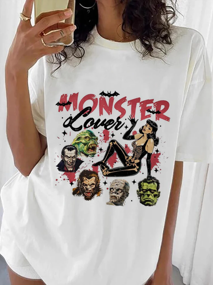 Vintage Monster Lover Upiorny sezon T-Shirt Odzież letnia Moda O-Neck T-Shirt Modny 90s Krótki rękaw Damski T-Shirt z nadrukiem