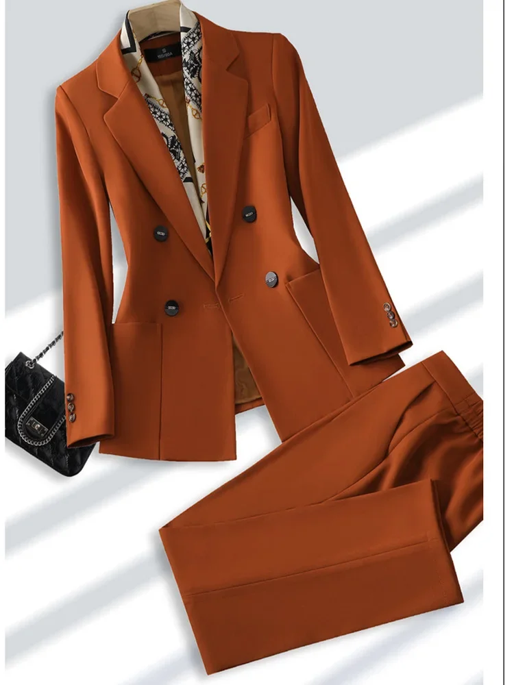 2025 Nuovo set di pantaloni da ufficio per donna per tutte le stagioni Set di pantaloni monocromatici slim fit Colletto doppiopetto Tailleur pantalone alla moda Set da 2 pezzi