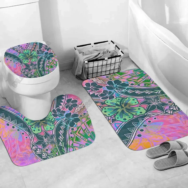 Polynesian Home Set Hibiscus Watercolor Tribal Floral Bathroom Set 3D print Bathroom Pedestal Rug Lid Toilet Cover Bath Mat Set