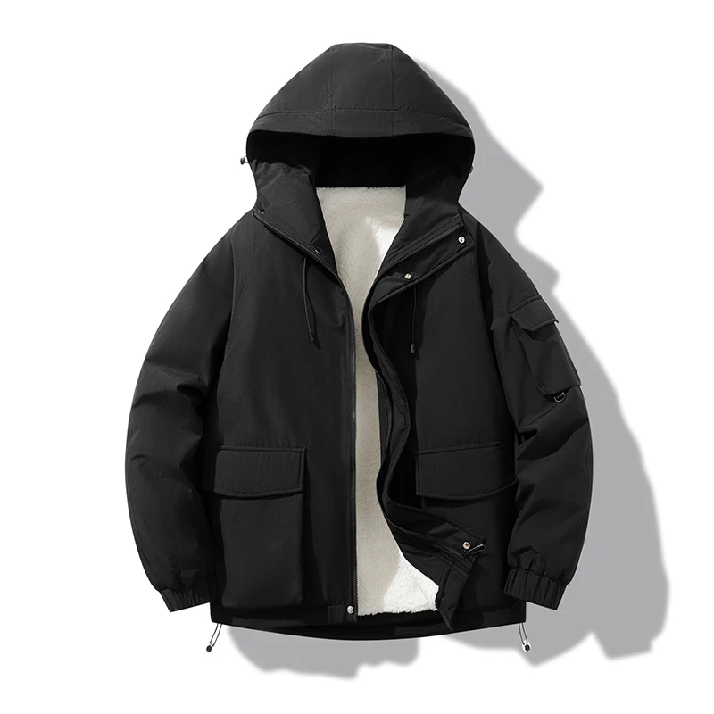 Men Winter Hooded Cargo Coat Fleece Lined Thick Warm Outerwear Multi Pockets Adjustable Drawstring Hem Windproof Parka 6965