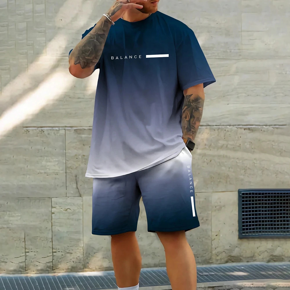 2026 الصيف التدرج اللون ثلاثية الأبعاد تي شيرت والسراويل 2 قطعة مجموعة في الهواء الطلق تنفس ملابس قصيرة الأكمام الركض اللياقة البدنية ملابس رياضية