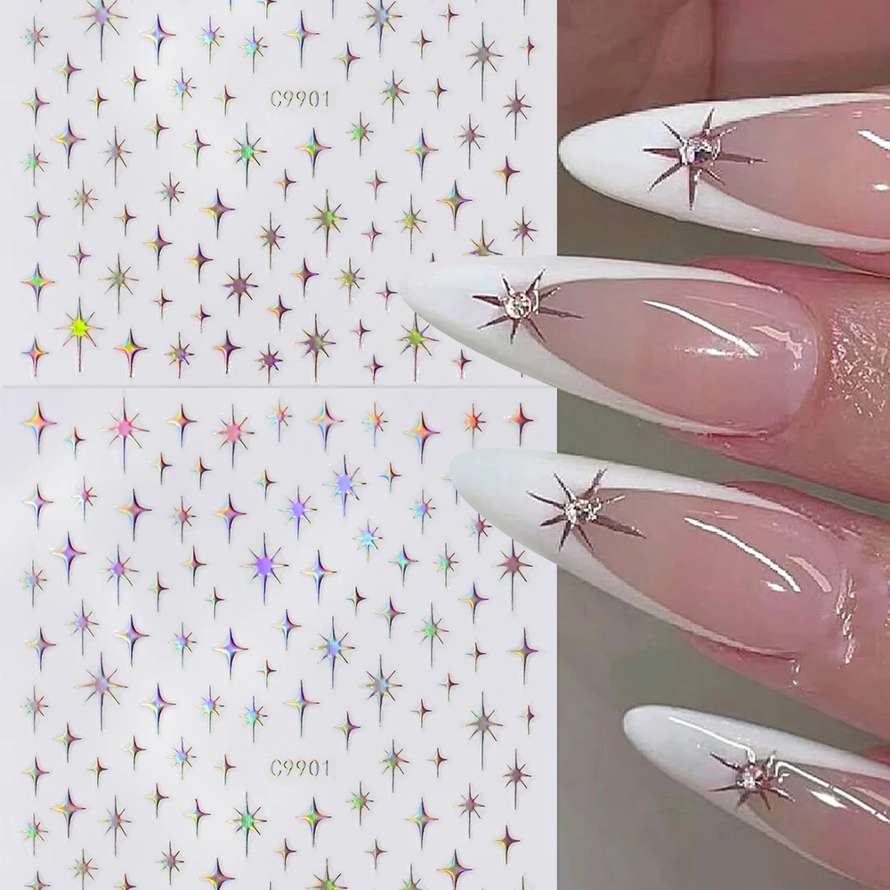 6Sheets Gold Silver Star Laser Nail Art Stickers Set 3D Bronzing Laser White Cross Starlight Y2K Nail Decals  Manicure Decor *&#