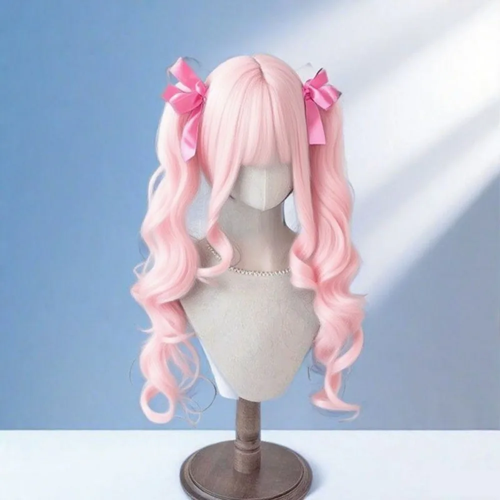 ‌ Parrucca riccia ondulata rosa Lolita - Capelli naturali da 65 cm, doppie code di cavallo con frangia, parrucca cosplay carina, nuovo arrivo 2025