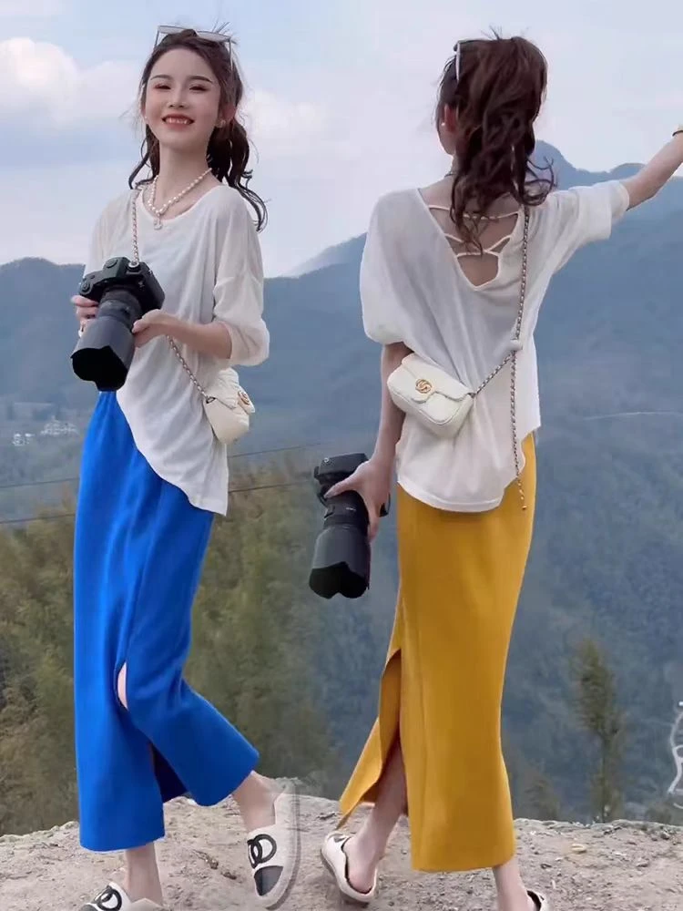 

Summer 2026 Fashionable Backless Hollow out Soft Long Sleeve Top Half Skirt Slimming Two Piece Set Women's Clothing Casual Sp...