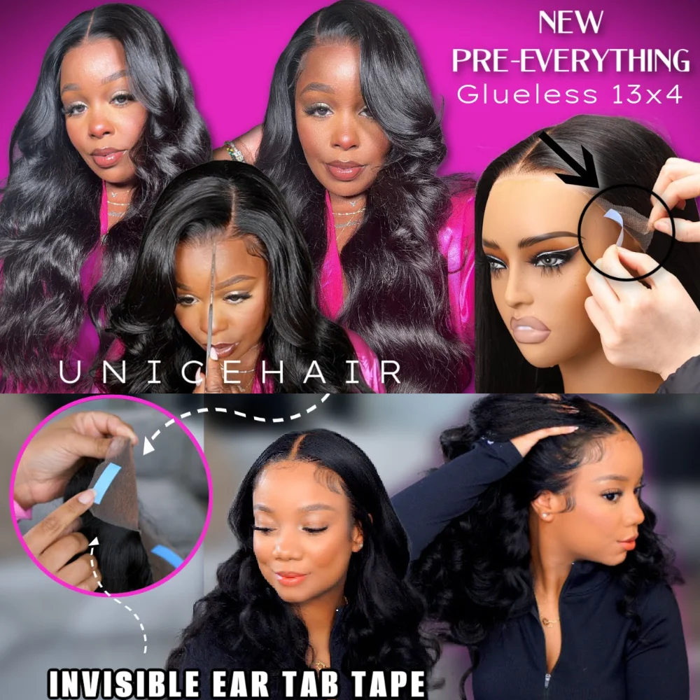 UNice 3D Body Wave Wig 250% Density 13x4 Human Hair Lace Frontal Wig Pre Plucked Pre Bleached Pre Cut Gluless Wig Ready To Wear