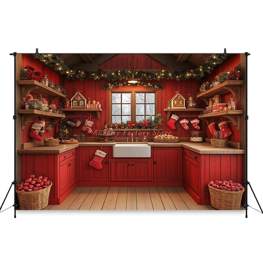 Christmas Gingerbread House Kitchen Backdrop Adult Family Party Photo Studio Xmas Red Wall Cabinets Wreath Background Banner