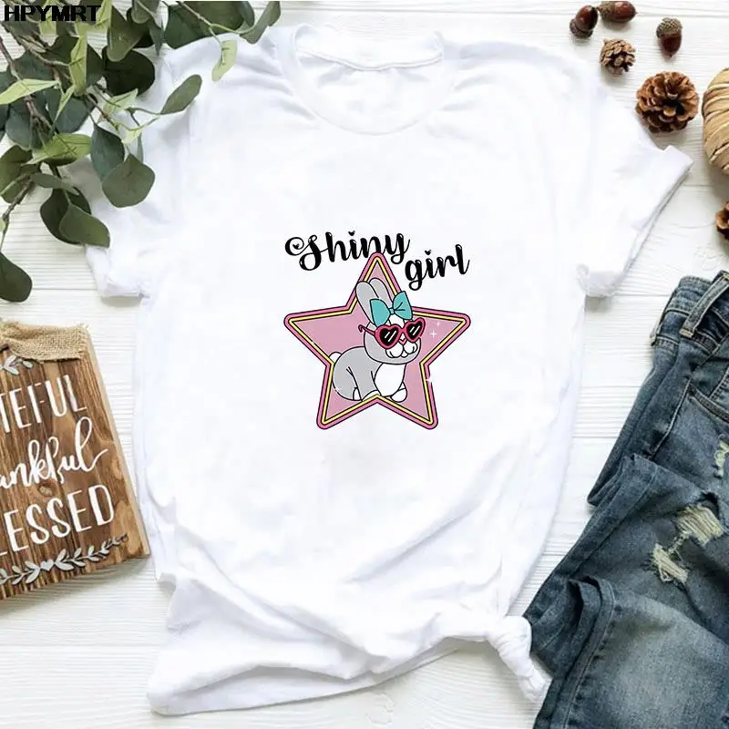 

Cool Rabbit Printing T-shirt Women Cute Casual Short Sleeve Women Tshirt Top Simple Versatile T Shirt Women Fashion Tees Female