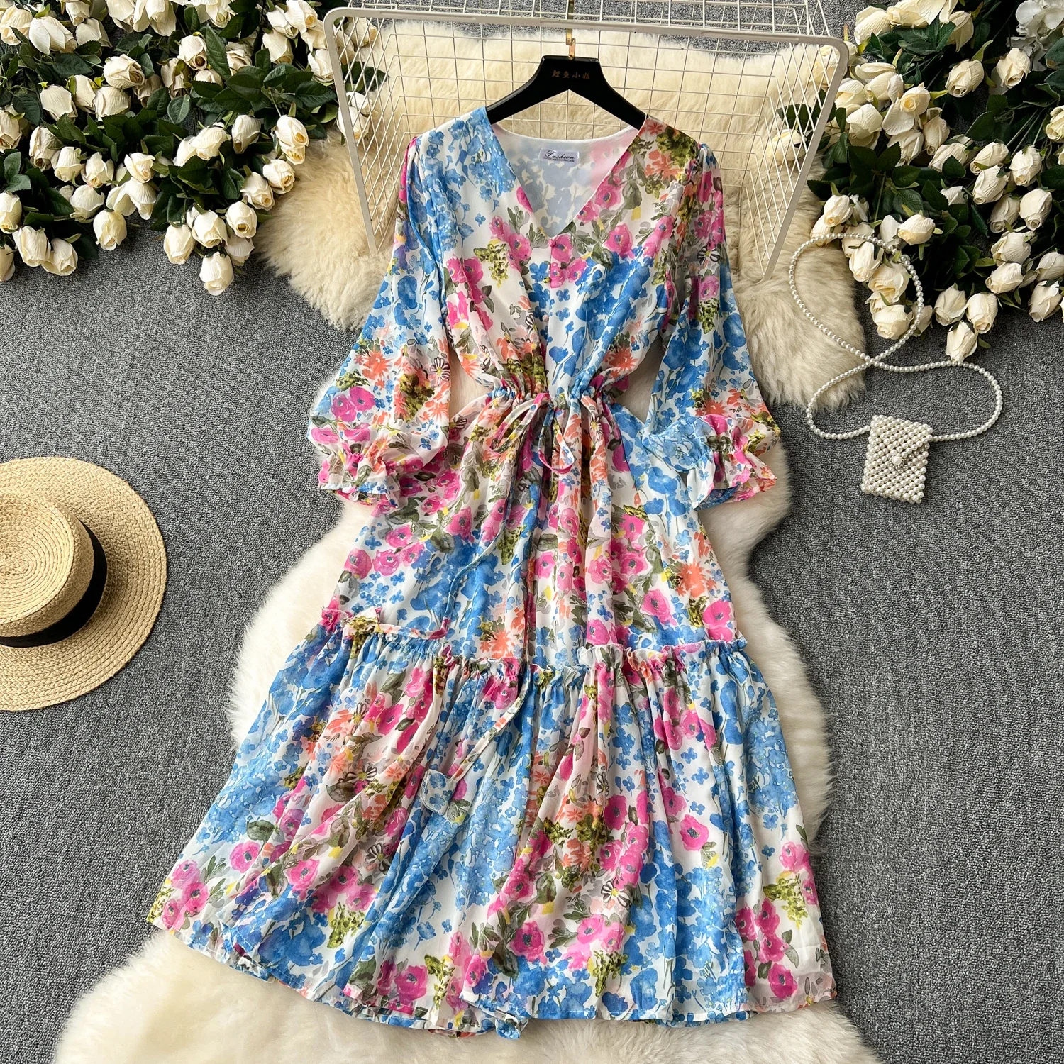 2024 Romantische Bloemenprint Chiffon Lange Mouwen Jurk Vrouwen Sexy V-Hals A Line Strand Vestidos Elegante Elastische Taille Feestjurk