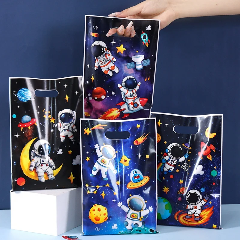 10/20/50pcs Astronaut Space Theme Gift Bags Plastic Party Favor Bags with Handle for 1st Birthday Party Supplies