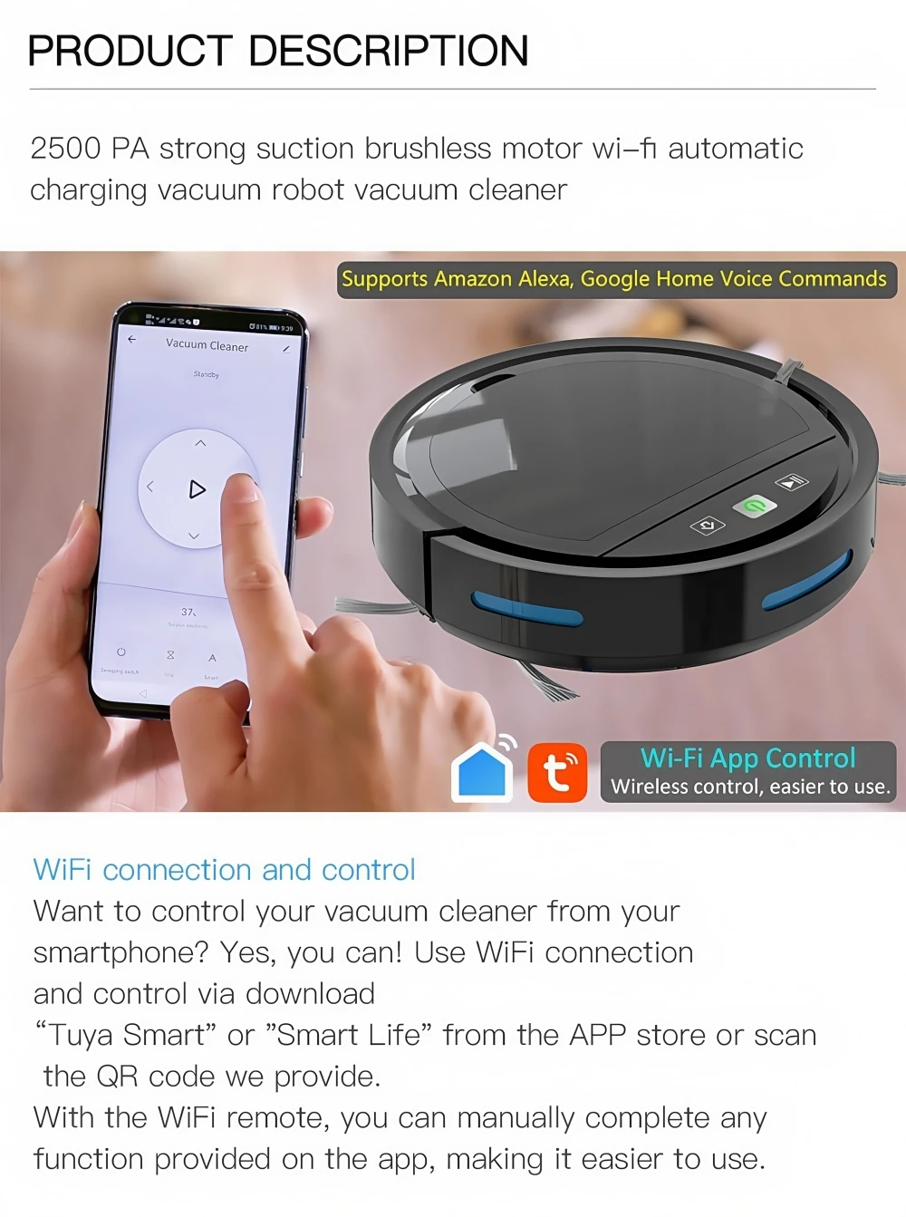 مكنسة كهربائية روبوتية ذكية مع شفط 2500 باسكال، تحكم WiFi/APP، شحن تلقائي، مكنسة كهربائية/ممسحة/مكنسة لشعر الحيوانات الأليفة والسجاد