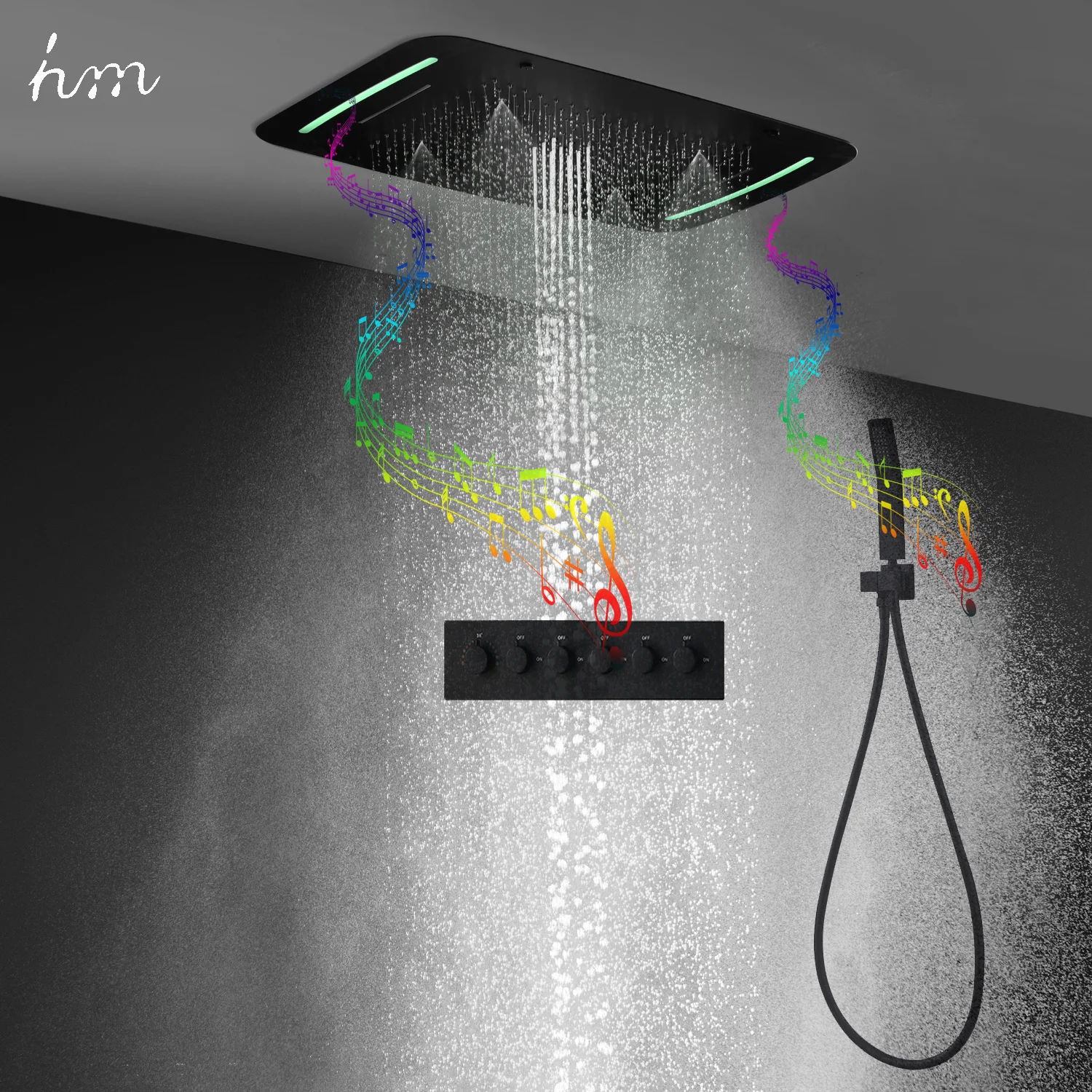 hm Black LED Shower System Set With Bluetooth Music Ceiling Big Massage Waterfall Rainfall Shower Head Thermostatic Mixer Faucet