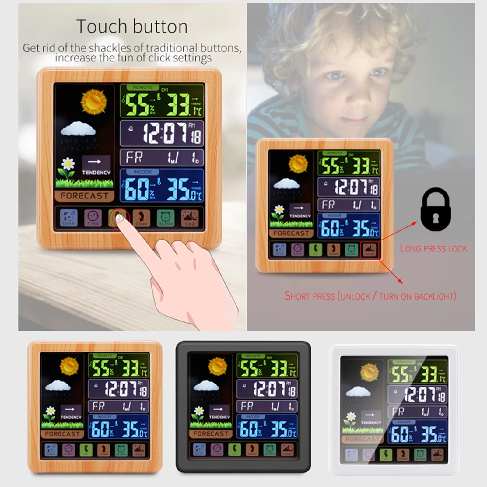 Wireless Alarm Clock Touch Screen Weather Station 6.1 Inch Lcd Display Hermometer Hygrometer Sensor Multi-Function Home Use