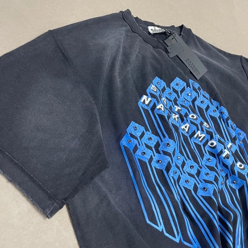 High Quality Satoshi T‑shirt Washing Cotton Geometric Column Graphic Printing Breathable Outdoor Men Women Short Sleeve Tee