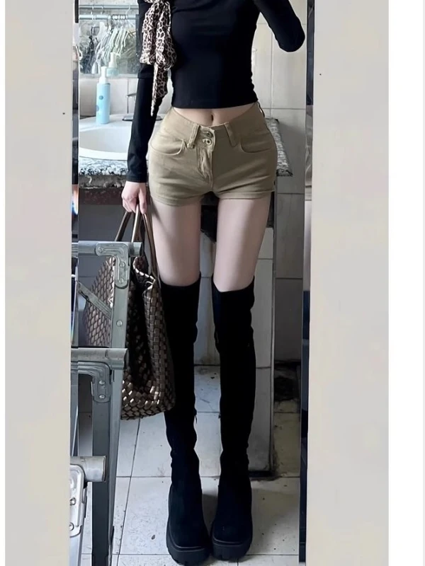 

Джинсовые супер-отки цвета хаки, женские летние 2023, новые американские шорты для девочек с низкой талией, прямые плотные эластичные утягивающие шорты