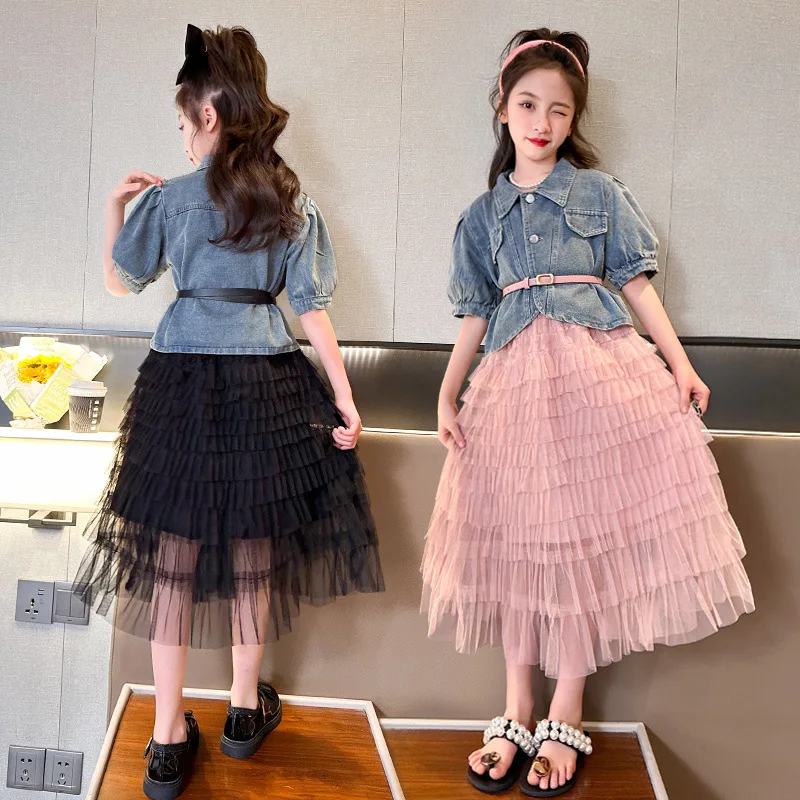 

Summer teenage girls Dress Suit 2023 Western-style denim belt top veil girl princess skirt 2 pieces clothes set Children outfit