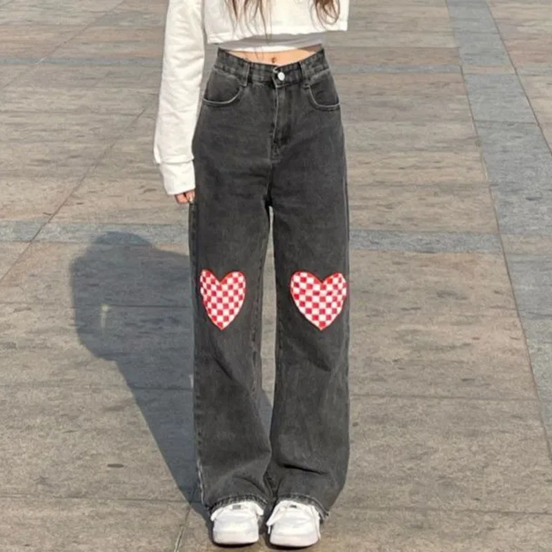 

Y2k Heart Checkerboard Jeans Women Straight Leg Loose High Waist Demin Pants Korean Fashion Casual Trousers Clothes Outwear New